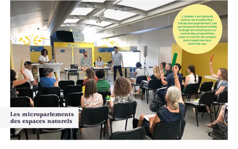 Des participants lèvent des cartons verts et rouges lors d'un atelier collectif sur 